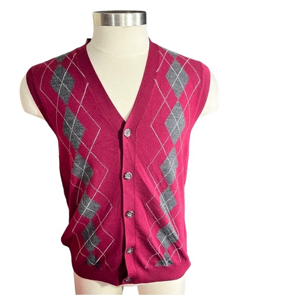 Club Room Estate Merino Wool Men Red White Argyle Sleeveless Sweater Vest Sz XL - Picture 2 of 14